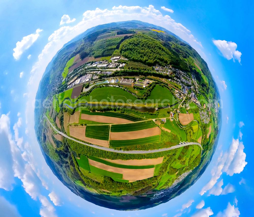 Bestwig from above - Fisheye perspective grassland structures of a meadow and field landscape in the floodplain lowland on the banks of the Ruhr and Luchtmuecke on the Wiemecker Feld road in Bestwig in the Sauerland in the federal state of North Rhine-Westphalia, Germany