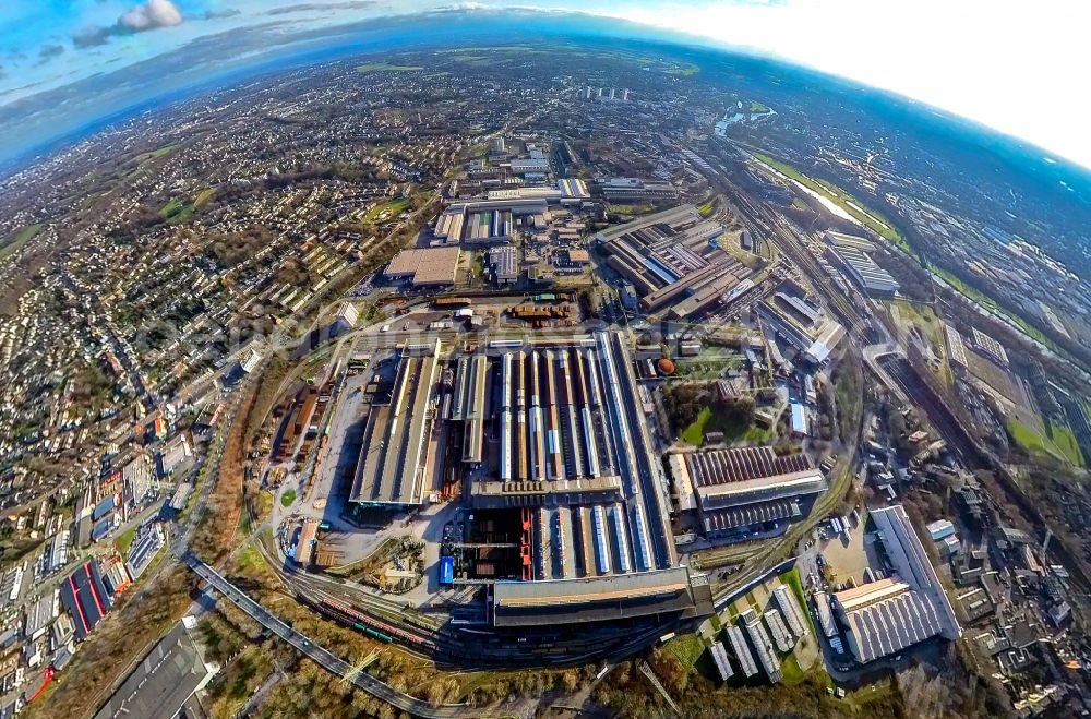 Aerial image Mülheim an der Ruhr - Fisheye perspective Technical facilities and production halls of the steelworks Thyssen Krupp on Industriestrasse in Muelheim on the Ruhr in the state of North Rhine-Westphalia, Germany