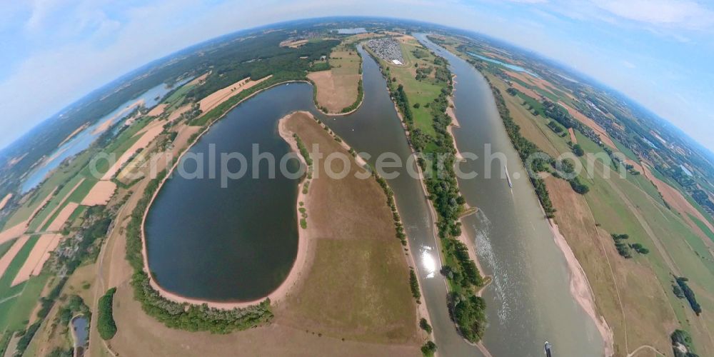 Wesel from the bird's eye view: Fisheye perspective riparian areas on the Fluerener Altrhein and Rhine west of Wesel in the state of North Rhine-Westphalia, Germany