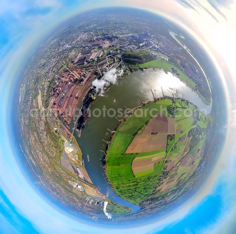 Aerial photograph Duisburg - Fisheye perspective riparian zones on the course of the river of the Rhine river overlooking the Schwelgern steelworks in Duisburg at Ruhrgebiet in the state North Rhine-Westphalia, Germany