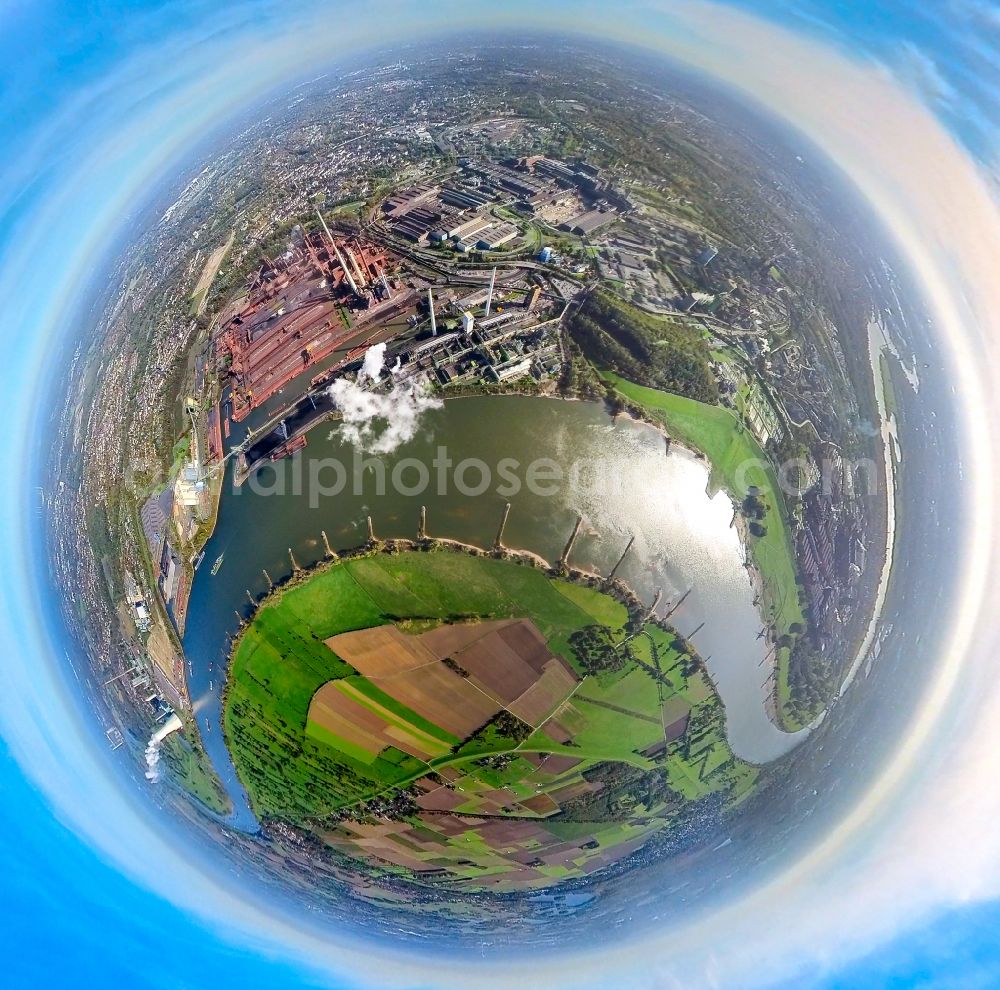 Duisburg from above - Fisheye perspective riparian zones on the course of the river of the Rhine river overlooking the Schwelgern steelworks in Duisburg at Ruhrgebiet in the state North Rhine-Westphalia, Germany