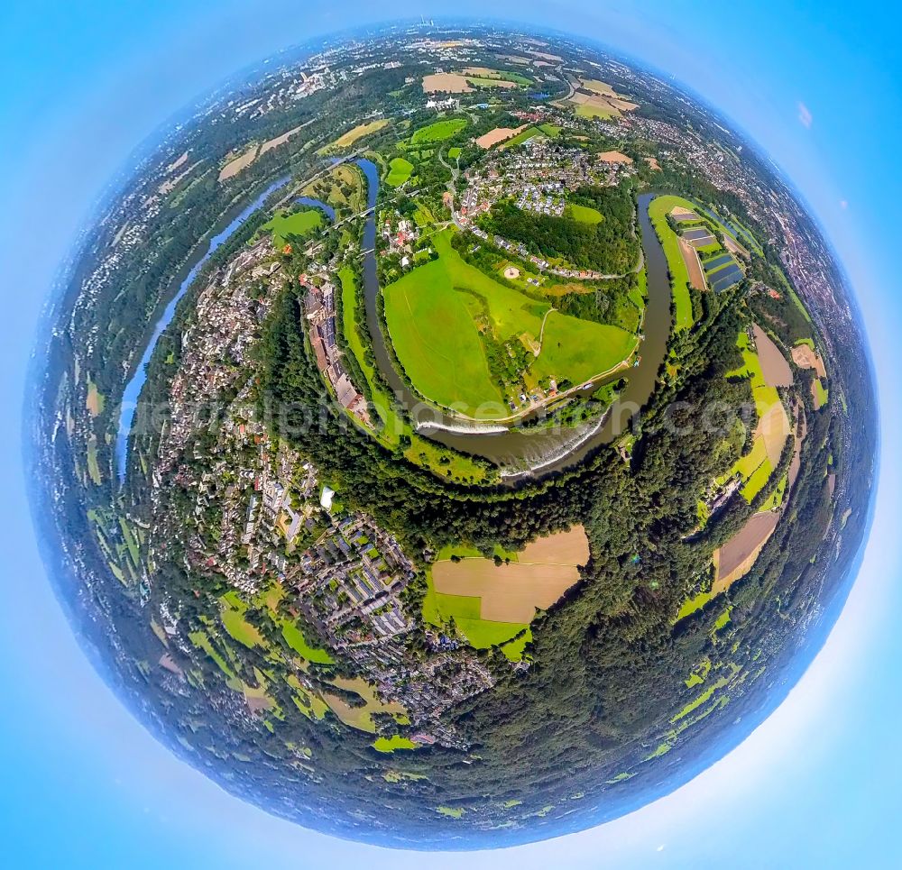 Heven from above - Fisheye perspective curved loop of the riparian zones on the course of the river Ruhr in Heven at Ruhrgebiet in the state North Rhine-Westphalia, Germany