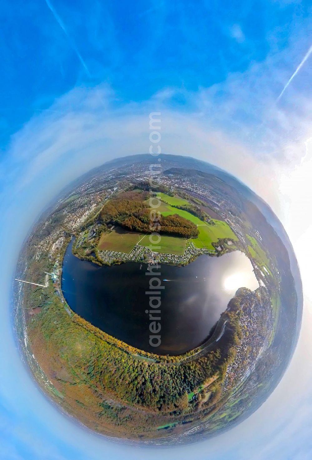 Aerial photograph Wetter - Fisheye perspective riparian areas on the lake area of Harkortsee in Wetter in the state North Rhine-Westphalia, Germany