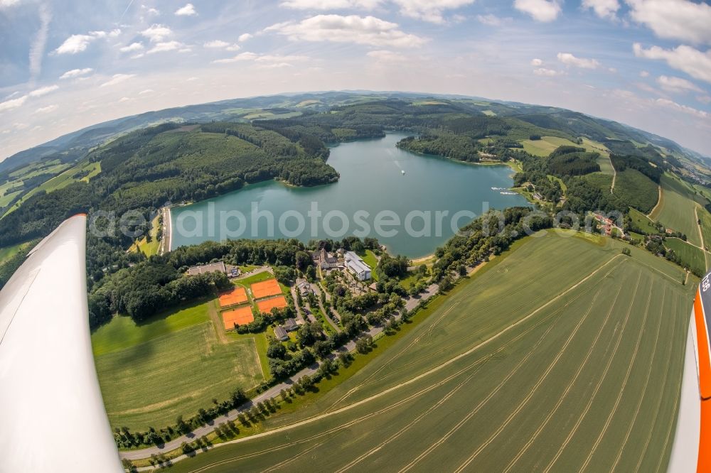 Meschede from the bird's eye view: Fisheye perspective Riparian areas on the lake area of Hennesee in Meschede in the state North Rhine-Westphalia, Germany