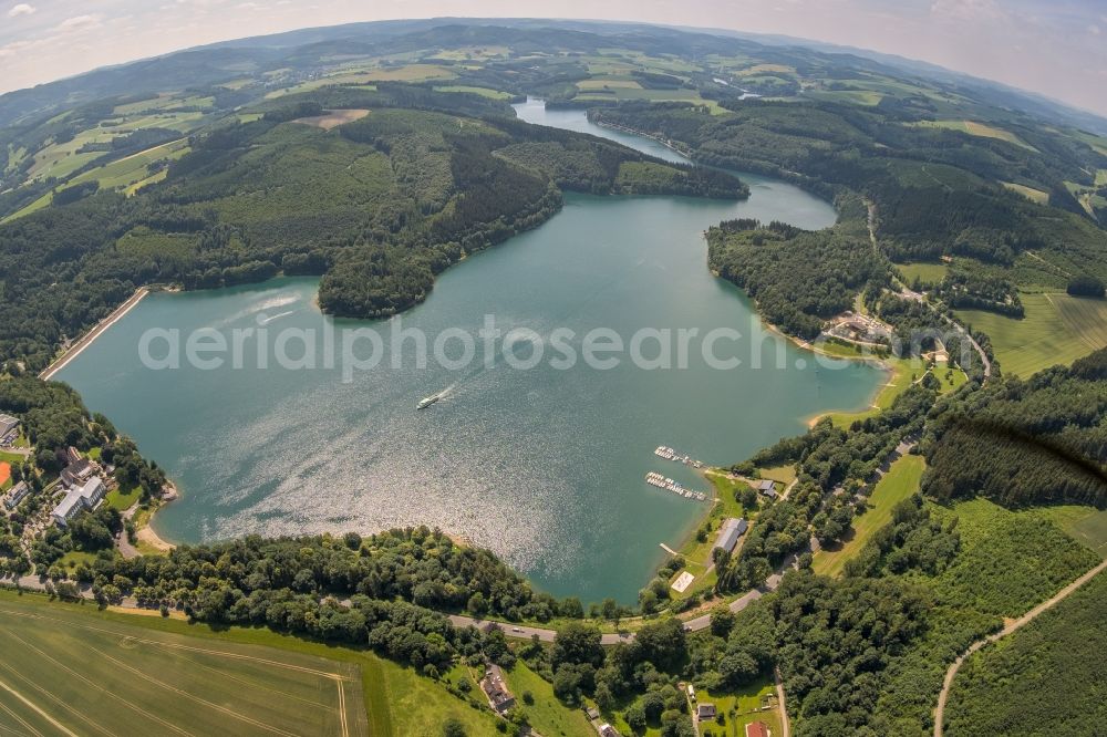 Aerial image Meschede - Fisheye perspective Riparian areas on the lake area of Hennesee in Meschede in the state North Rhine-Westphalia, Germany