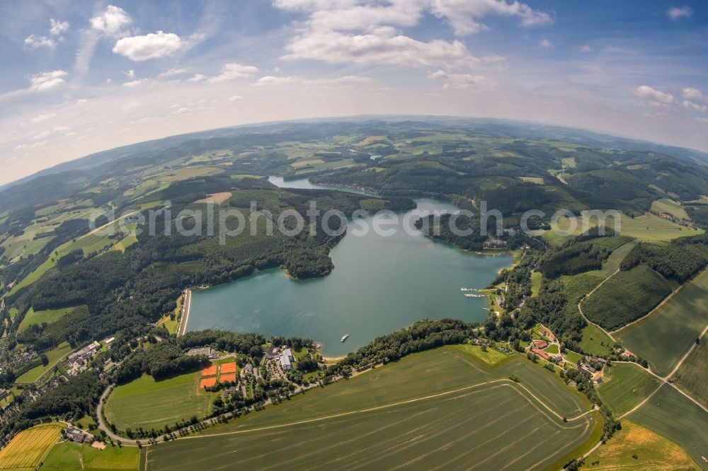 Aerial photograph Meschede - Fisheye perspective Riparian areas on the lake area of Hennesee in Meschede in the state North Rhine-Westphalia, Germany