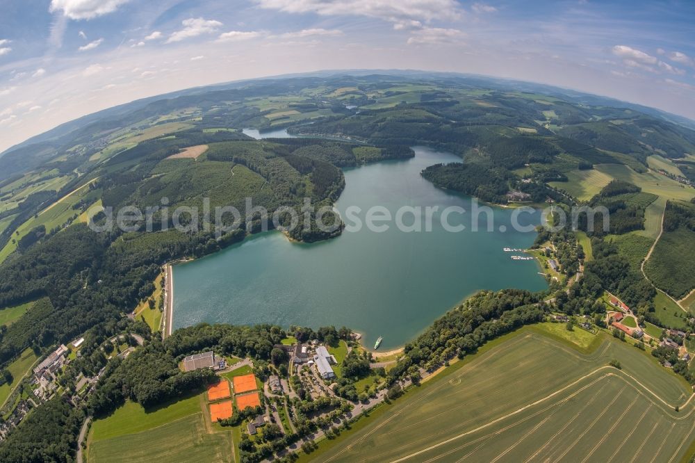 Meschede from the bird's eye view: Fisheye perspective Riparian areas on the lake area of Hennesee in Meschede in the state North Rhine-Westphalia, Germany