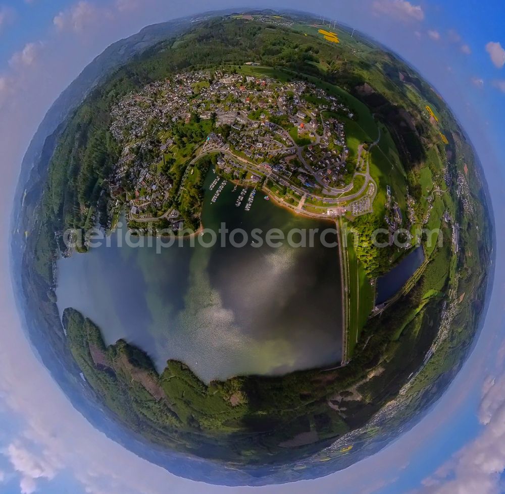 Langscheid from above - Fisheye perspective Shore areas on the lake area of the Sorpesee dam in Langscheid in the Sauerland in the state of North Rhine-Westphalia, Germany