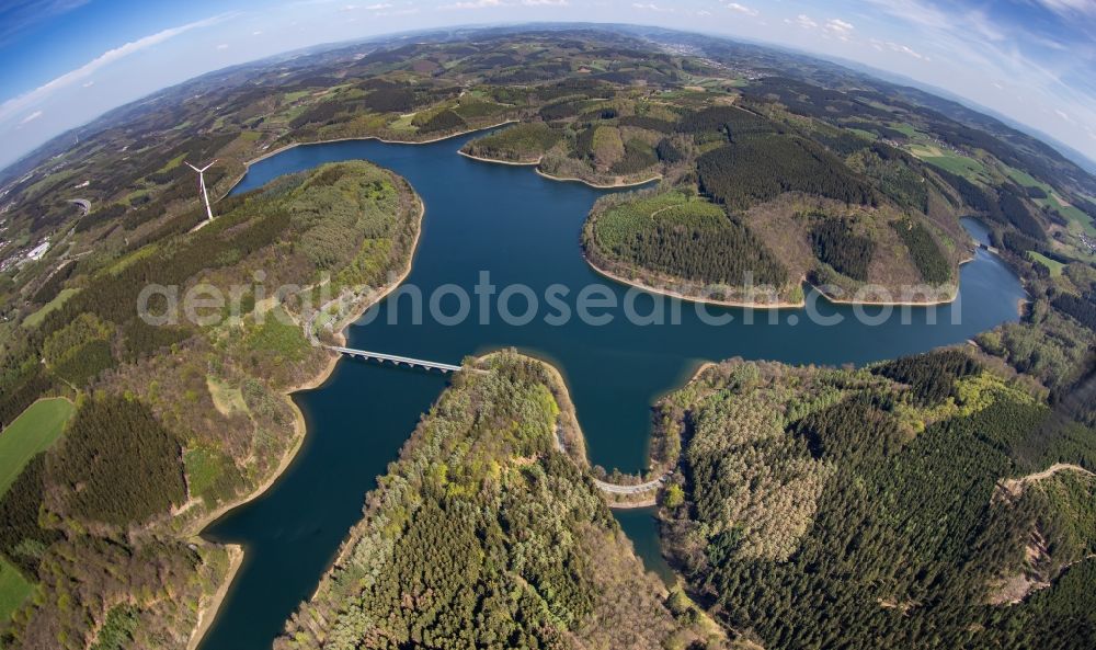 Lüdenscheid from the bird's eye view: Fisheye perspective shoreline areas to be exposed of Versetalsperre in Luedenscheid in the state North Rhine-Westphalia, Germany