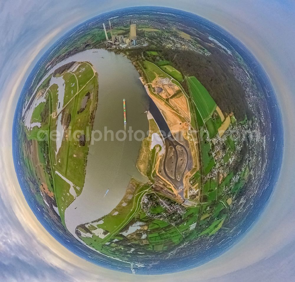 Eppinghoven from above - Fisheye perspective conversion - construction site of the Emscher estuary in the Rhine near Eppinghoven in the state of North Rhine-Westphalia