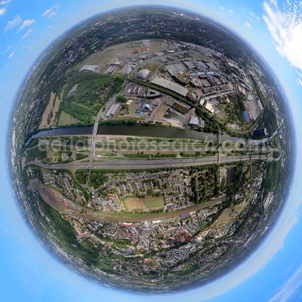 Oberhausen from above - Fisheye perspective of the course of the canal and bank areas of the connecting canal Rhein-Herne-Kanal, the Emscher and the A 42 motorway in Oberhausen in the Ruhr area in the state of North Rhine-Westphalia, Germany