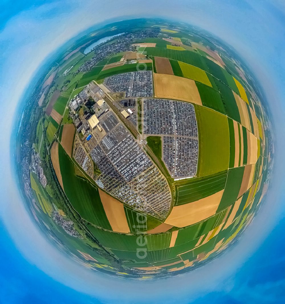 Aerial image Zülpich - Fisheye perspective of the building complex of the distribution center and logistics center for new cars and new vehicles on the premises of CAT Germany GmbH on the B56 road in the district of Geich in Zuelpich in the state of North Rhine-Westphalia, Germany