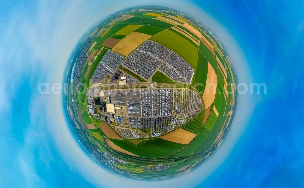 Aerial photograph Zülpich - Fisheye perspective of the building complex of the distribution center and logistics center for new cars and new vehicles on the premises of CAT Germany GmbH on the B56 road in the district of Geich in Zuelpich in the state of North Rhine-Westphalia, Germany