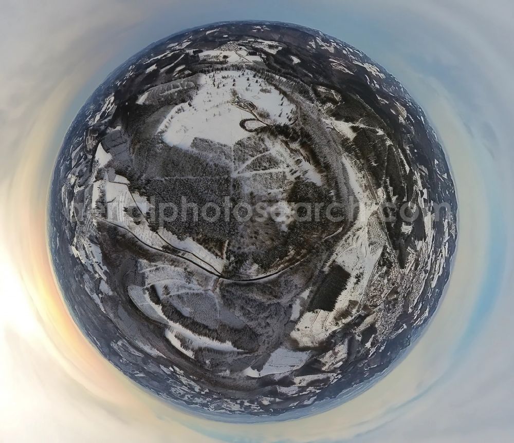 Aerial photograph Winterberg - Fisheye perspective forest and mountain scenery Kahler Asten in Winterberg at Sauerland in the state North Rhine-Westphalia, Germany