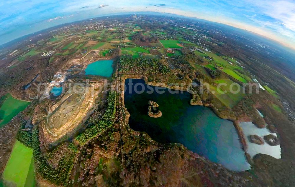 Bottrop from above - Fisheye perspective forests on the shores of Lake Heidesee in Bottrop at Ruhrgebiet in the state North Rhine-Westphalia, Germany