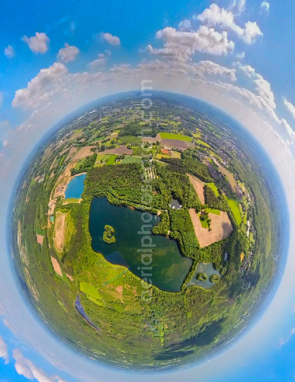 Aerial image Bottrop - Fisheye perspective forests on the shores of Lake Heidesee in Bottrop in the state North Rhine-Westphalia, Germany