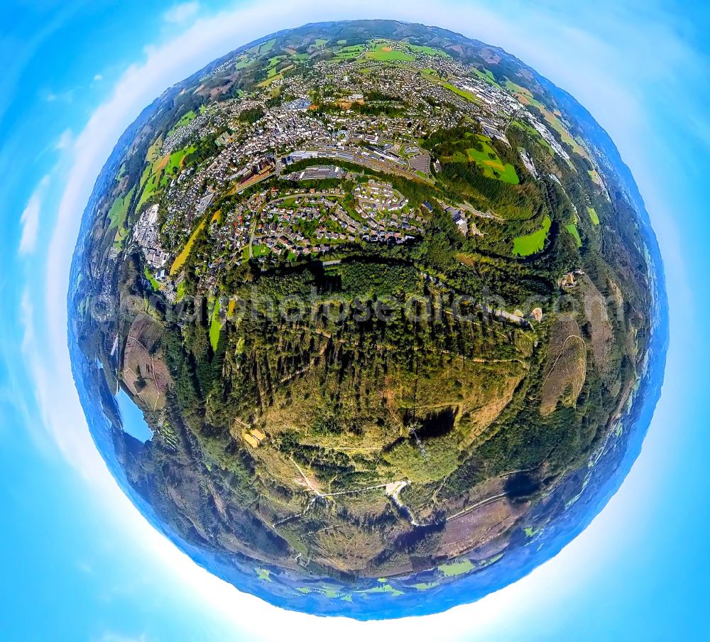 Aerial image Hansestadt Attendorn - Fisheye perspective tree dying and forest dying with skeletons of dead trees in the remnants of a forest area in the district Neu-Listernohl in Hansestadt Attendorn in the state North Rhine-Westphalia, Germany