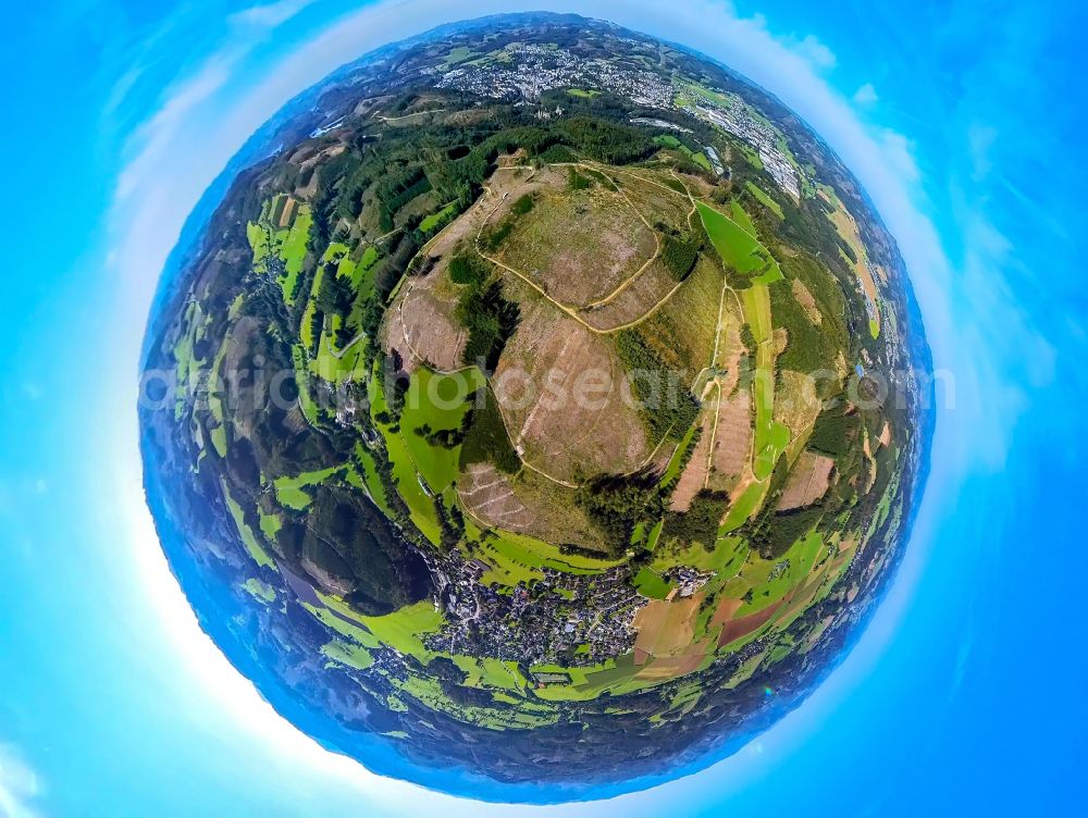 Aerial photograph Hansestadt Attendorn - Fisheye perspective forest damage in a forest area on Kutschenberg in the Hanseatic city of Attendorn in the state of North Rhine-Westphalia, Germany