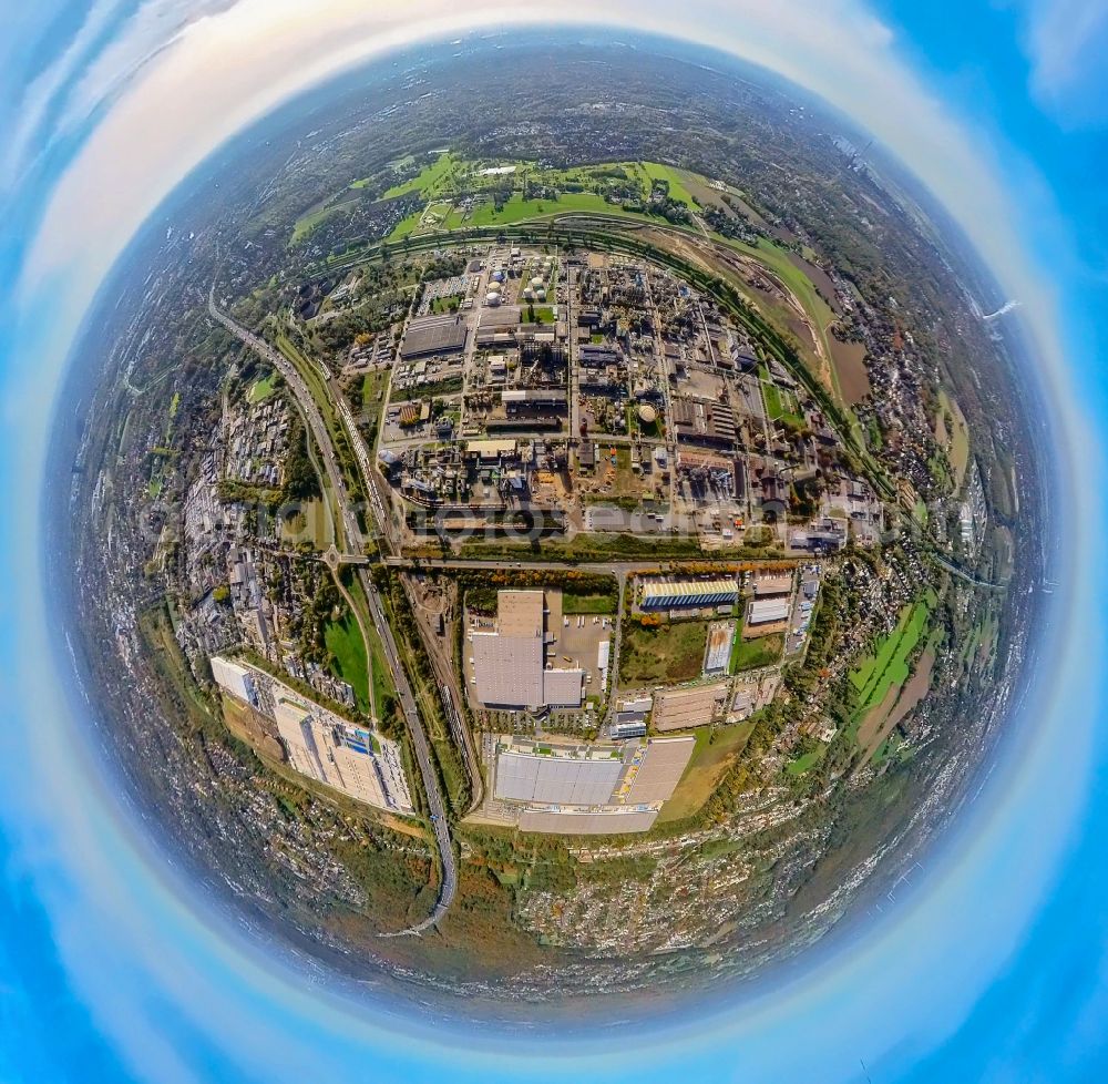 Aerial image Oberhausen - Fisheye perspective Refinery plants and line systems on the factory premises of the chemical manufacturer OXEA Werk Ruhrchemie on Weissensteinstrasse in Oberhausen in the state of North Rhine-Westphalia, Germany