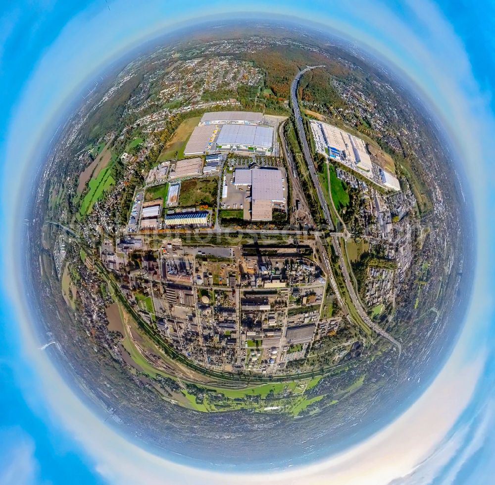 Oberhausen from above - Fisheye perspective Refinery plants and line systems on the factory premises of the chemical manufacturer OXEA Werk Ruhrchemie on Weissensteinstrasse in Oberhausen in the state of North Rhine-Westphalia, Germany