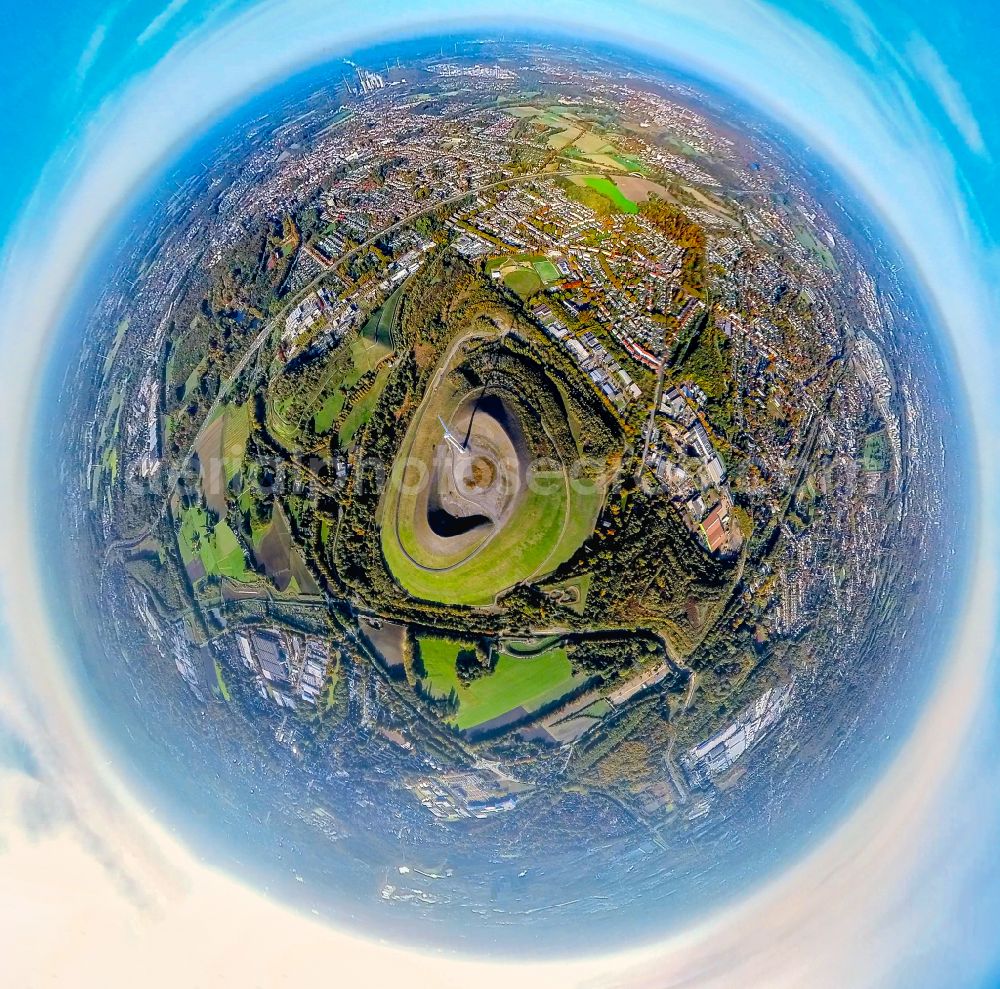 Gladbeck from above - Fisheye perspective wind turbine installation on the overburden dump hill of the Mottbruchhalde in Gladbeck at Ruhrgebiet in the state North Rhine-Westphalia, Germany