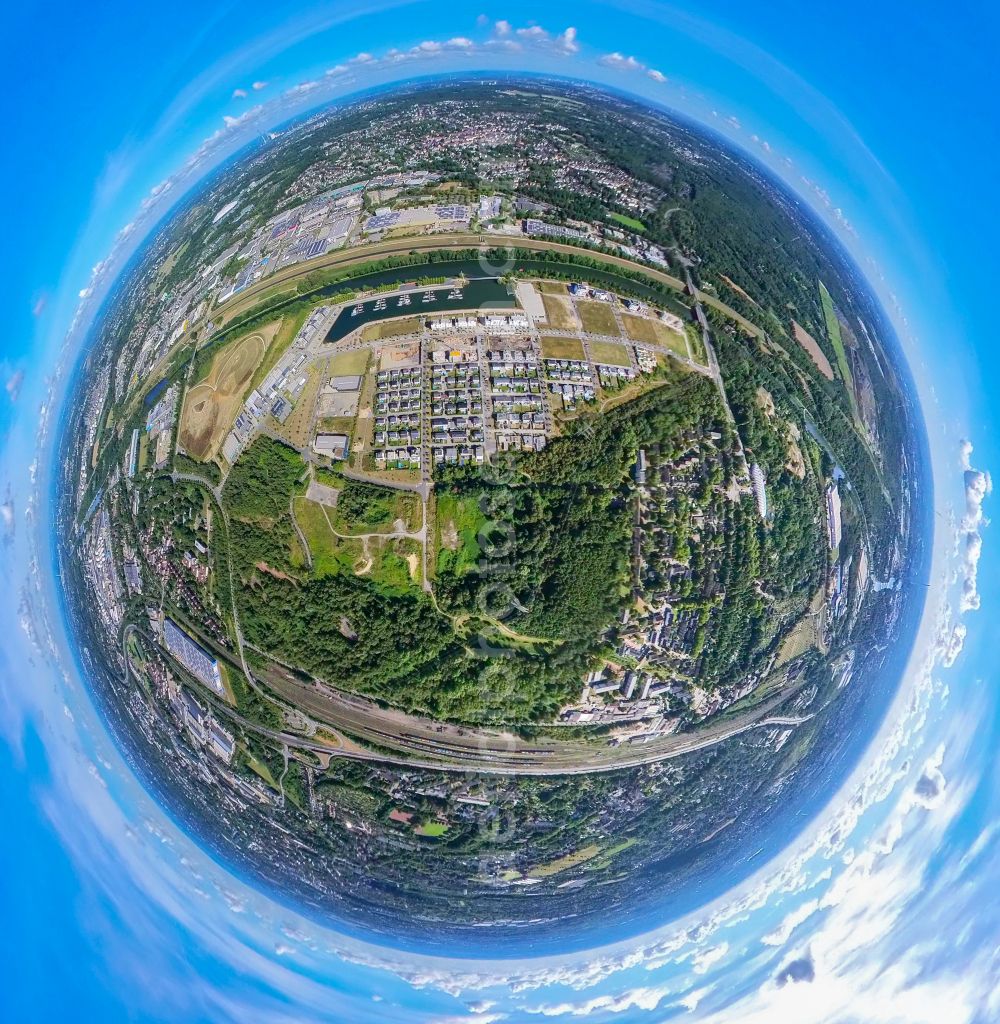 Aerial image Gelsenkirchen - Fisheye perspective single-family residential area of settlement along the Johannes-Rau-Allee in the district Bismarck in Gelsenkirchen at Ruhrgebiet in the state North Rhine-Westphalia, Germany