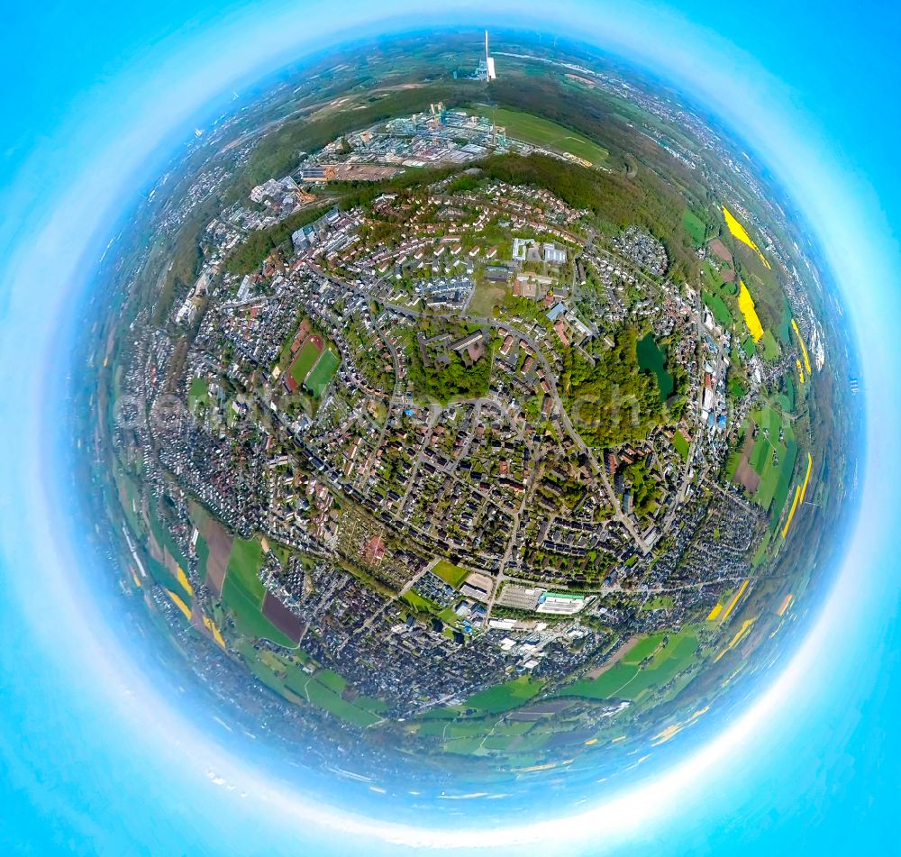 Bergkamen from above - Fisheye perspective residential areas on the edge of agricultural land on street Carl-von-Ossietzky-Strasse in Bergkamen at Ruhrgebiet in the state North Rhine-Westphalia, Germany