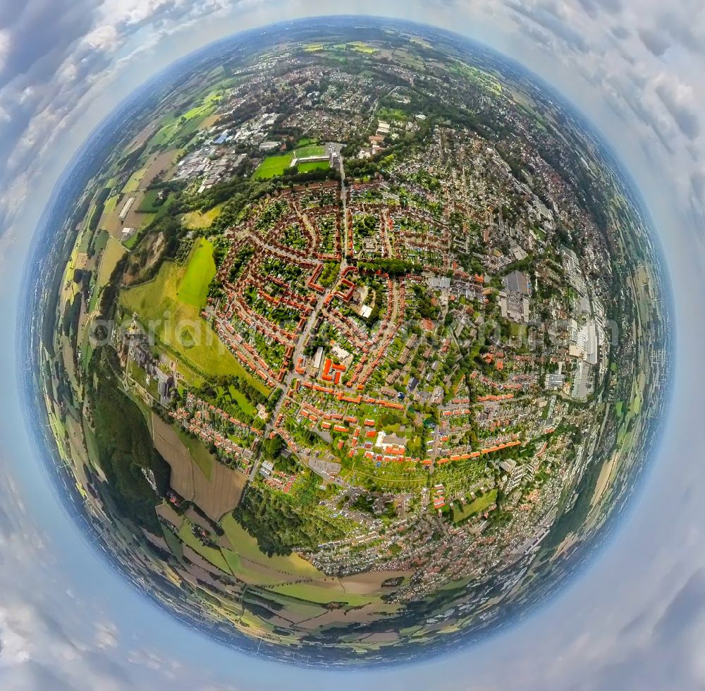 Aerial image Ahlen - Fisheye perspective residential area of a multi-family house settlement Zechensiedlung Glueck-Auf - Kolonie Westfalen aloung Schachtstrasse - Kohlenstrasse on place Glueckaufplatz in Ahlen in the state North Rhine-Westphalia