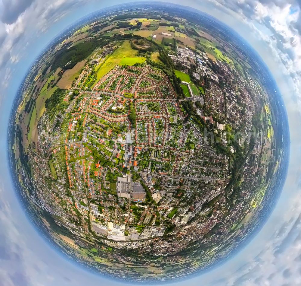 Aerial photograph Ahlen - Fisheye perspective residential area of a multi-family house settlement Zechensiedlung Glueck-Auf - Kolonie Westfalen aloung Schachtstrasse - Kohlenstrasse on place Glueckaufplatz in Ahlen in the state North Rhine-Westphalia