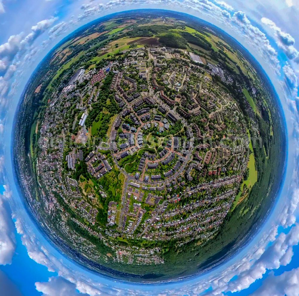 Aerial image Mülheim an der Ruhr - Fisheye perspective residential area of a multi-family house settlement Luxemburger Allee in Muelheim an der Ruhr in the state North Rhine-Westphalia