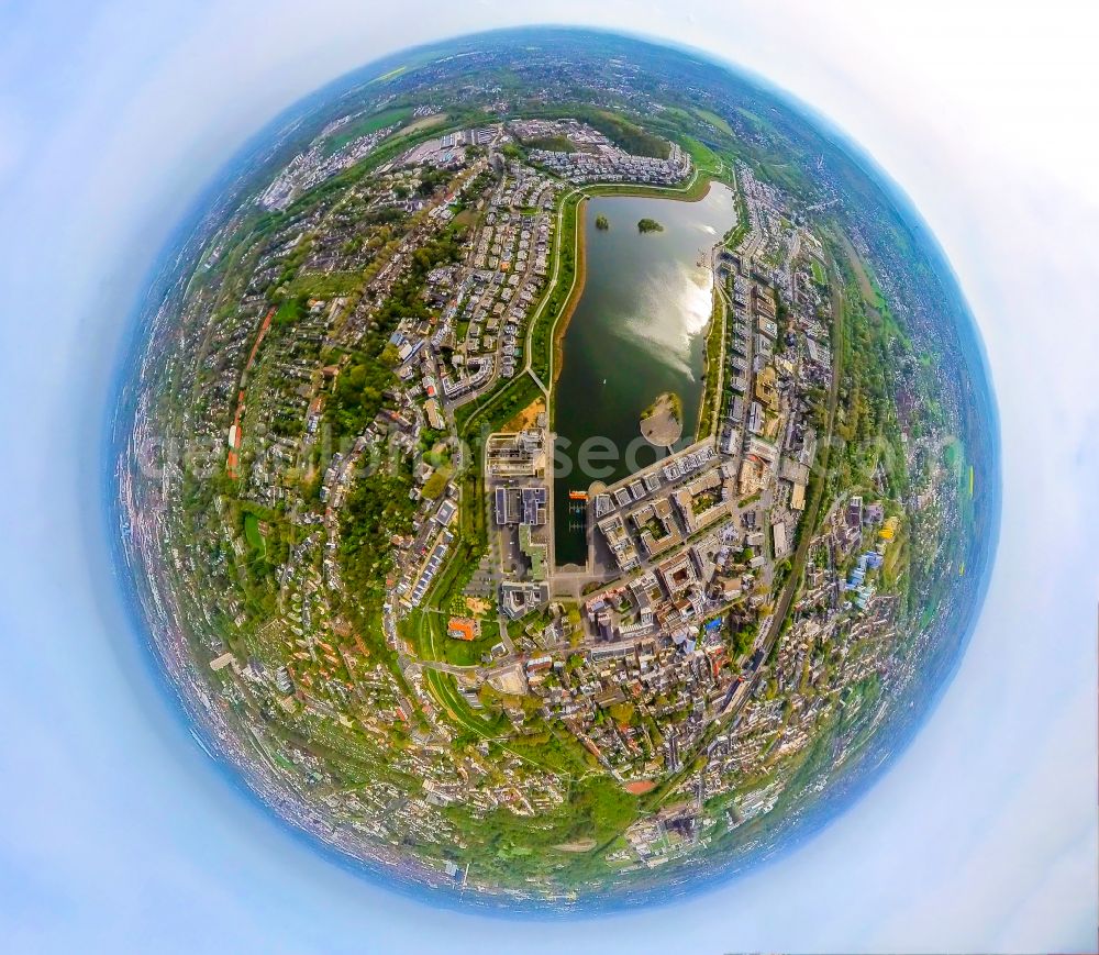 Dortmund from above - Fisheye perspective residential area of the multi-family house Settlement at shore Areas of lake Phoenix See in the district Hoerde in Dortmund in the state North Rhine-Westphalia, Germany