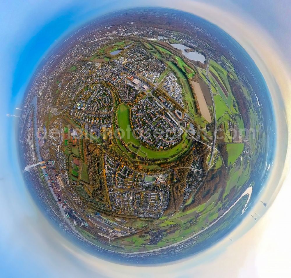 Duisburg from the bird's eye view: Fisheye perspective single-family residential area of settlement in the district Kesselberg in Duisburg in the state North Rhine-Westphalia, Germany