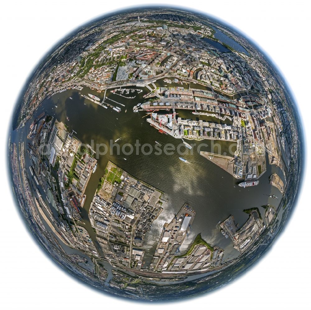 Hamburg from the bird's eye view: Fish-Eye - city view from the port of Hamburg and HafenCity to the Old Town in Hamburg. Image in the approach roads to the areas Niederhafen, Sandtorhafen Grasbrookhafen, Werfthafen