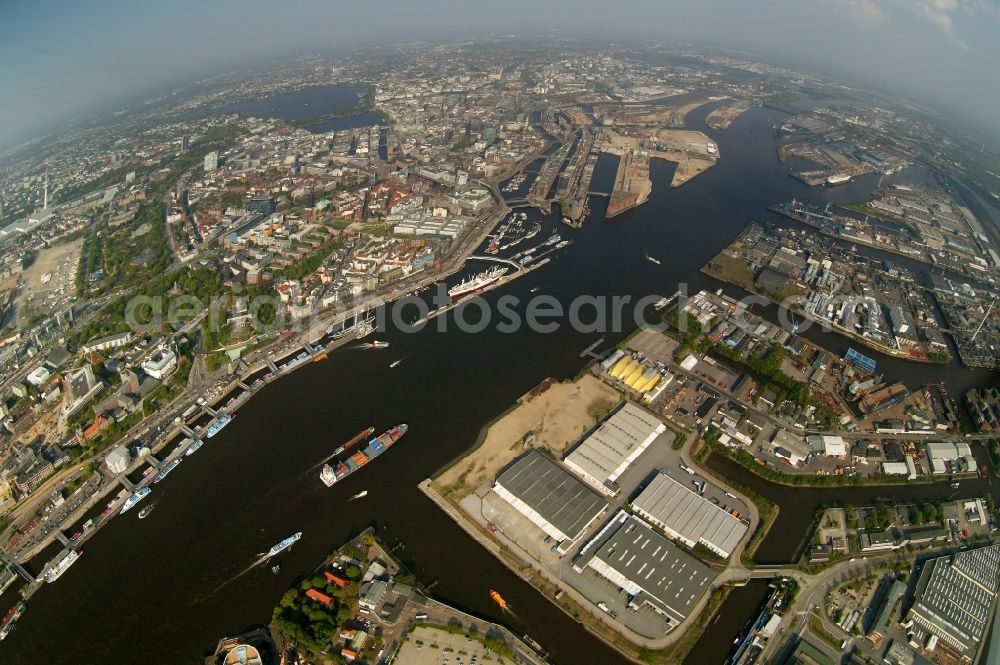 Aerial image Hamburg - Fish-Eye - city view from the port of Hamburg and HafenCity to the Old Town in Hamburg. Image in the approach roads to the areas Niederhafen, Sandtorhafen Grasbrookhafen, Werfthafen