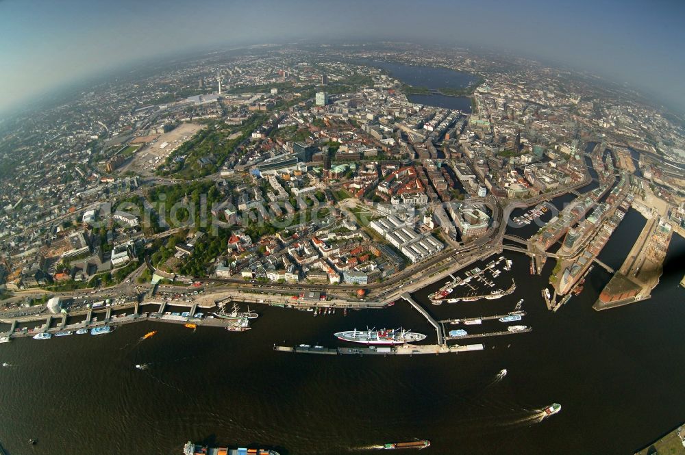 Hamburg from above - Fish-Eye - city view from the port of Hamburg and HafenCity to the Old Town in Hamburg. Image in the approach roads to the areas Niederhafen, Sandtorhafen Grasbrookhafen, Werfthafen