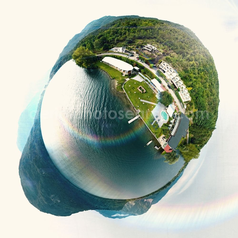 Verbania from the bird's eye view: Fisheye view of Riparian areas on the lake area of Lago Mergozzo in Verbania in Piemonte, Italy