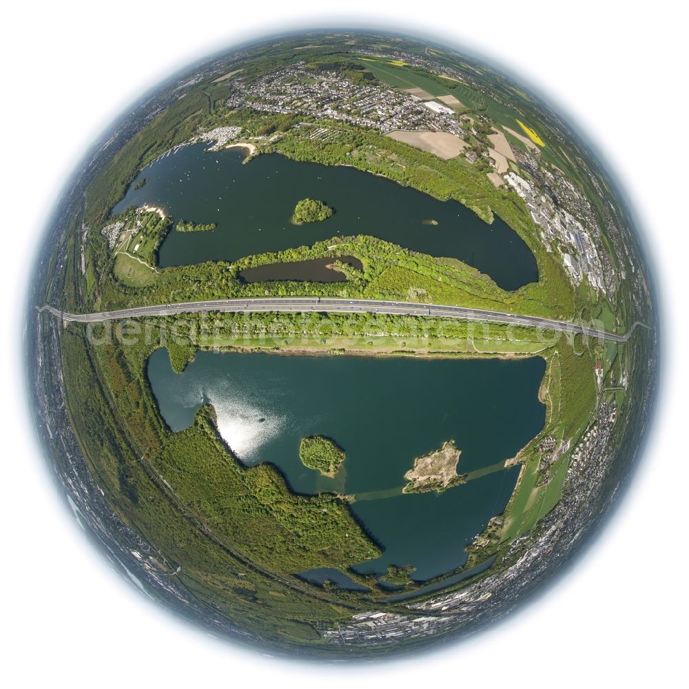 Aerial image Unterbach - Fisheye - landscape of ponds on Menzelsee and North Beach at Unterbach in North Rhine-Westphalia