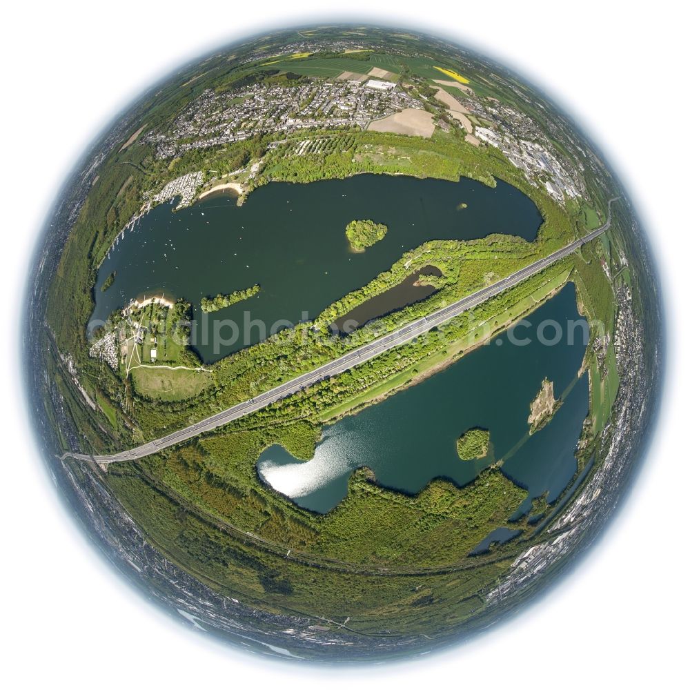 Aerial photograph Unterbach - Fisheye - landscape of ponds on Menzelsee and North Beach at Unterbach in North Rhine-Westphalia