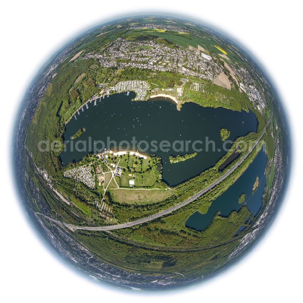 Unterbach from above - Fisheye - landscape of ponds on Menzelsee and North Beach at Unterbach in North Rhine-Westphalia