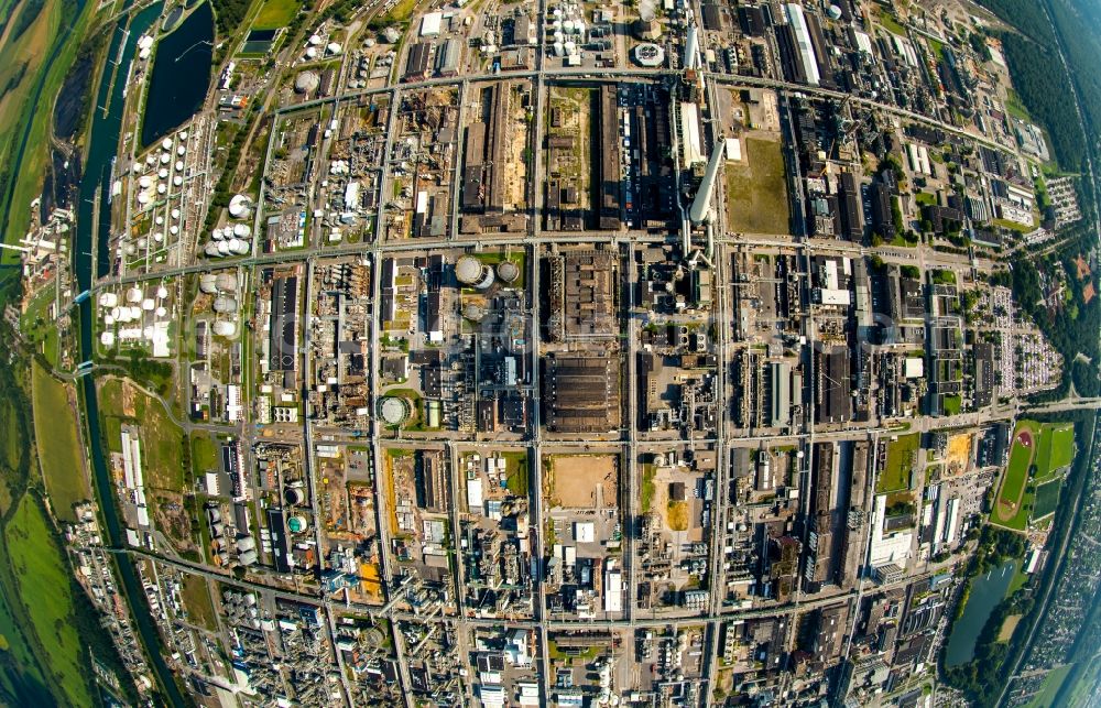 Marl from the bird's eye view: Fish eye view of the facilities of the Marl Chemical Park (formerly Chemische Werke Huls AG) in the Ruhr area in North Rhine-Westphalia