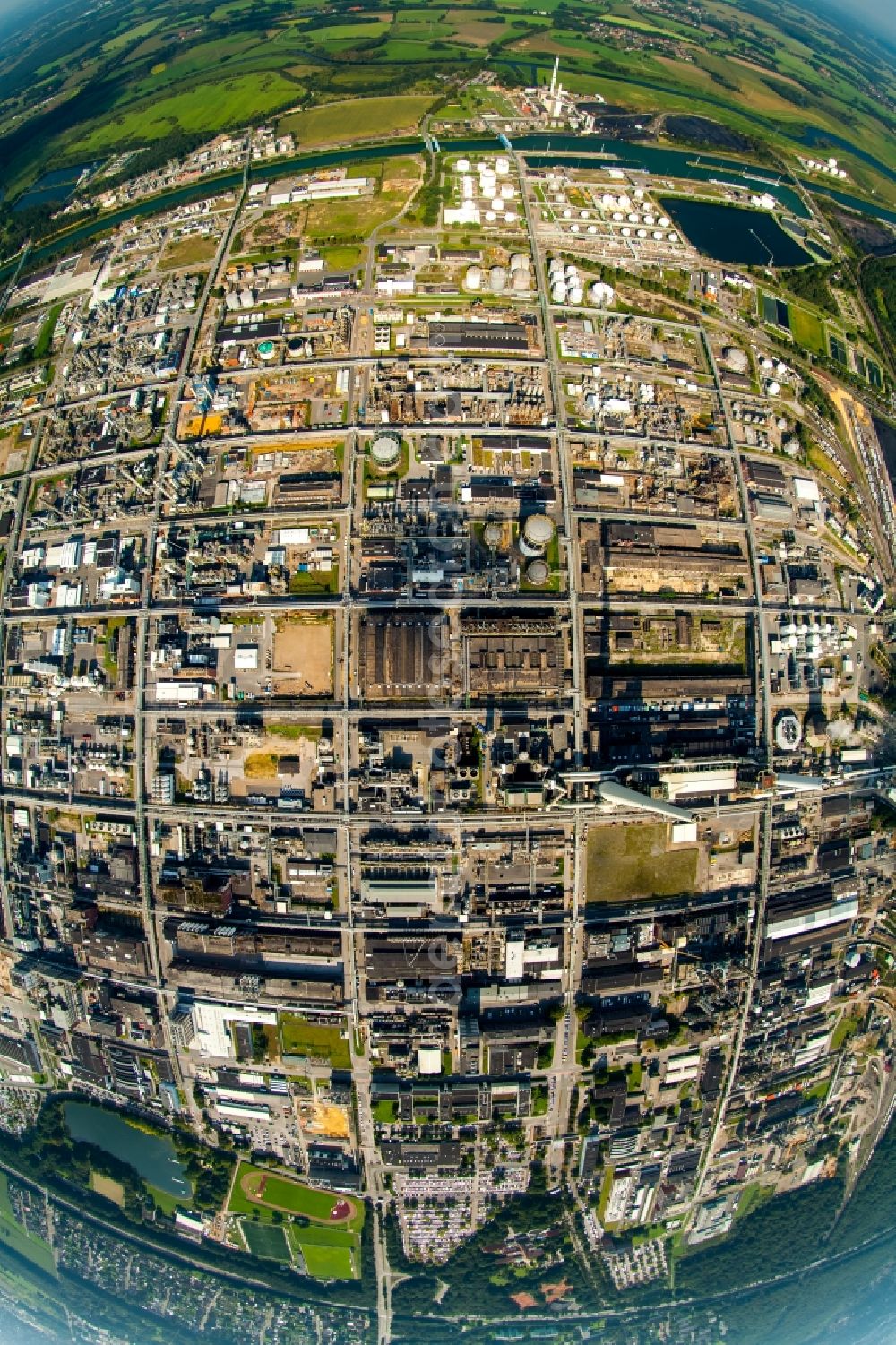 Aerial image Marl - Fish eye view of the facilities of the Marl Chemical Park (formerly Chemische Werke Huls AG) in the Ruhr area in North Rhine-Westphalia