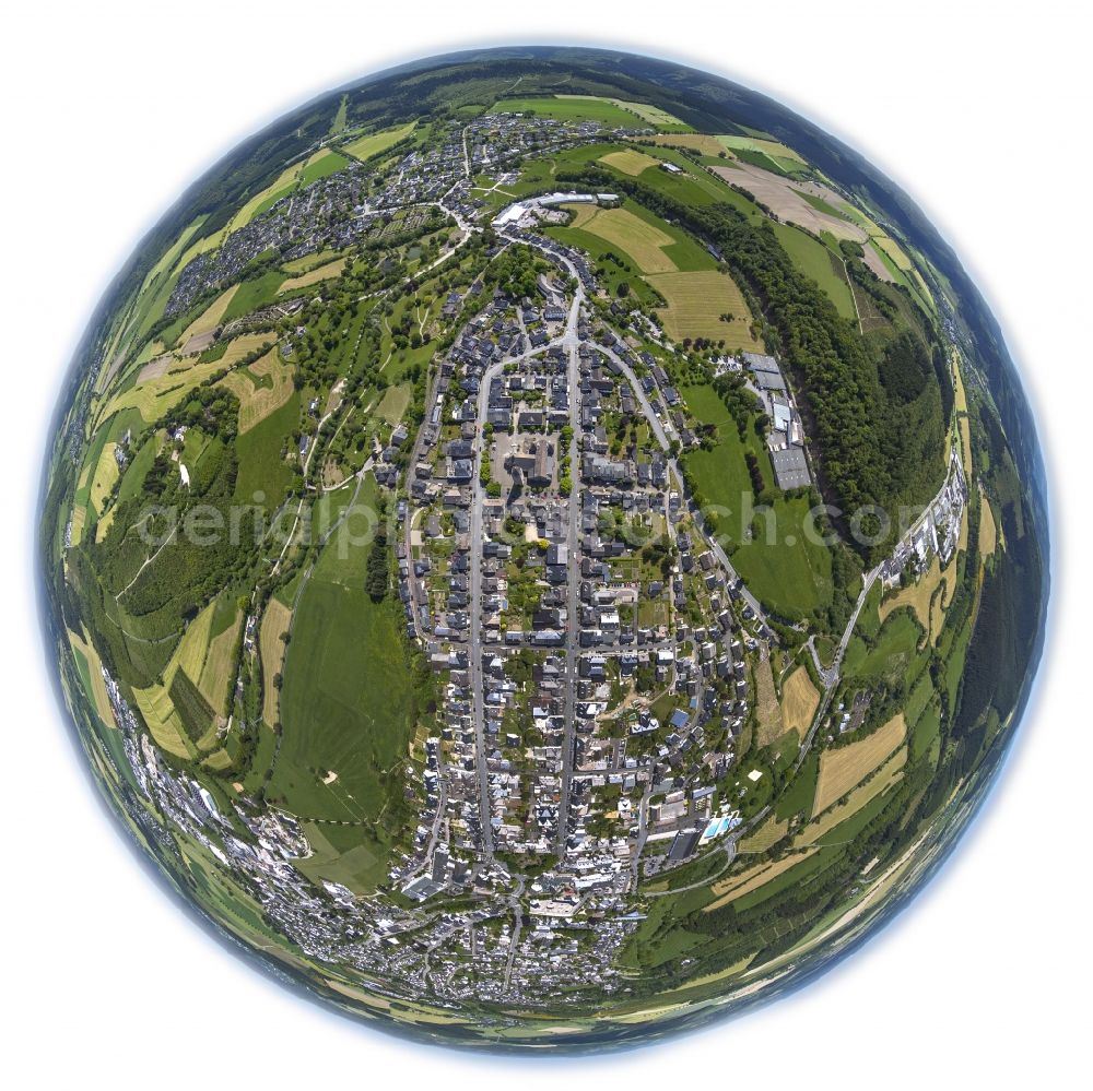 Schmallenberg from the bird's eye view: Fisheye- Cityscape along West Street and East Street with St. Alexan der's Church in Schmallenberg in the Sauerland district in North Rhine-Westphalia