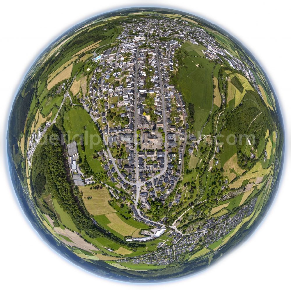 Aerial image Schmallenberg - Fisheye- Cityscape along West Street and East Street with St. Alexan der's Church in Schmallenberg in the Sauerland district in North Rhine-Westphalia