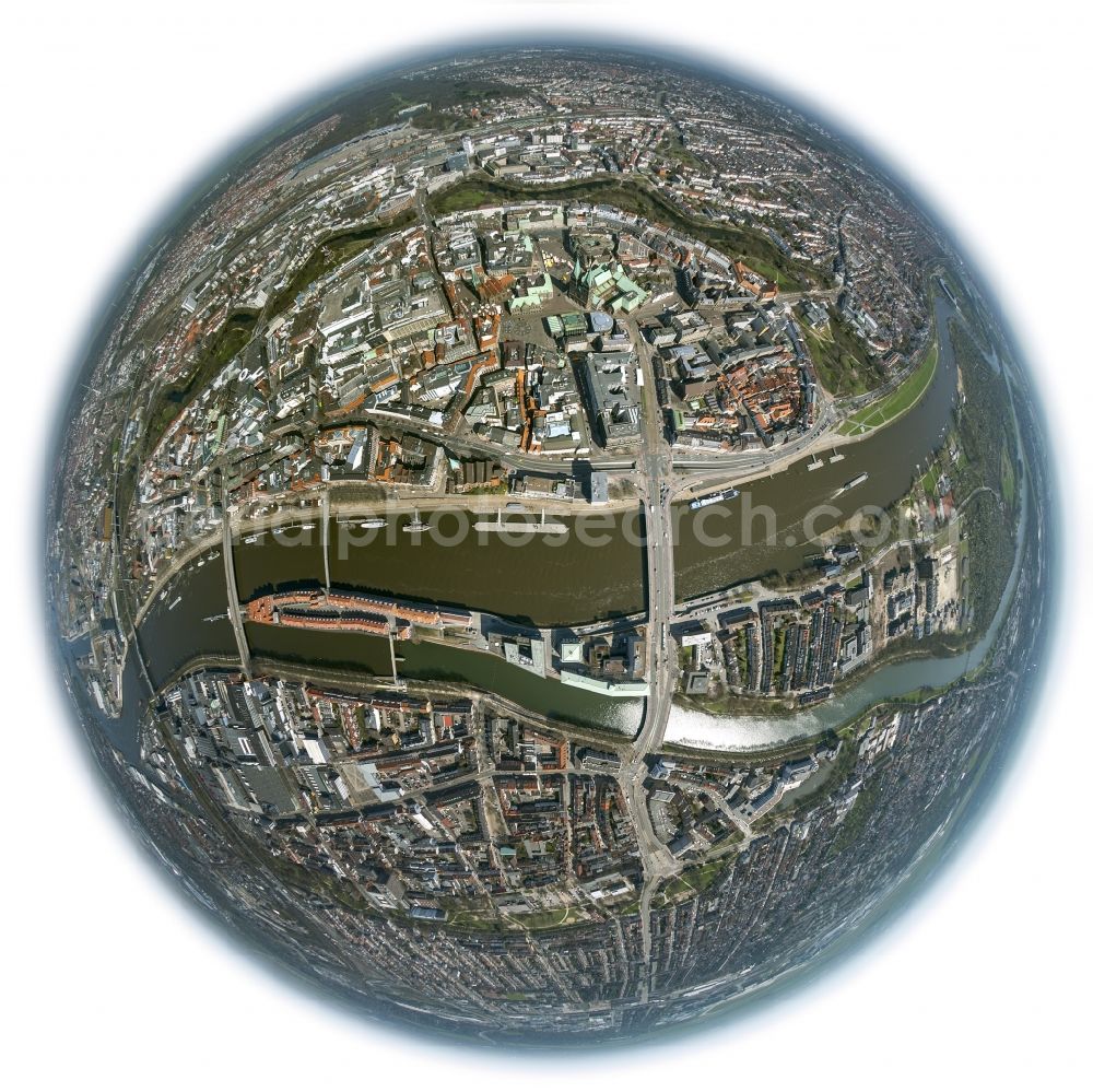 Bremen from the bird's eye view: Fisheye view of the city center at the Old Town Island Bremen