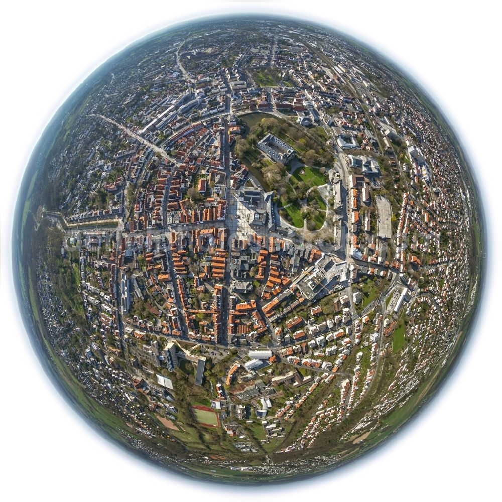 Detmold from above - Fisheye view of the city center, on the residence - Castle of Detmold in North Rhine-Westphalia