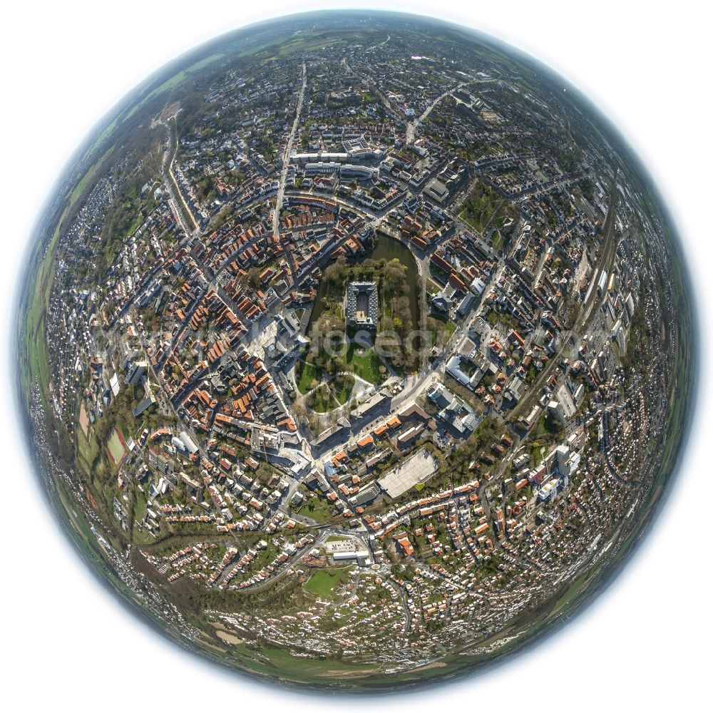 Detmold from the bird's eye view: Fisheye view of the city center, on the residence - Castle of Detmold in North Rhine-Westphalia