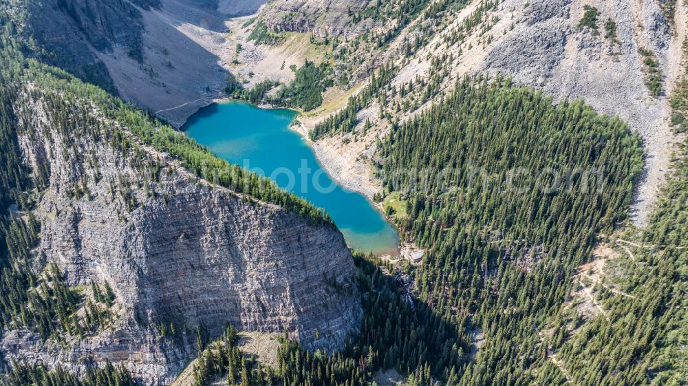 Aerial image Lake Louise - Fjords with lake and valley glaciers in the rock and mountain landscape Lake Agnes on street Lake Agnes Trail in Lake Louise in Alberta, Canada