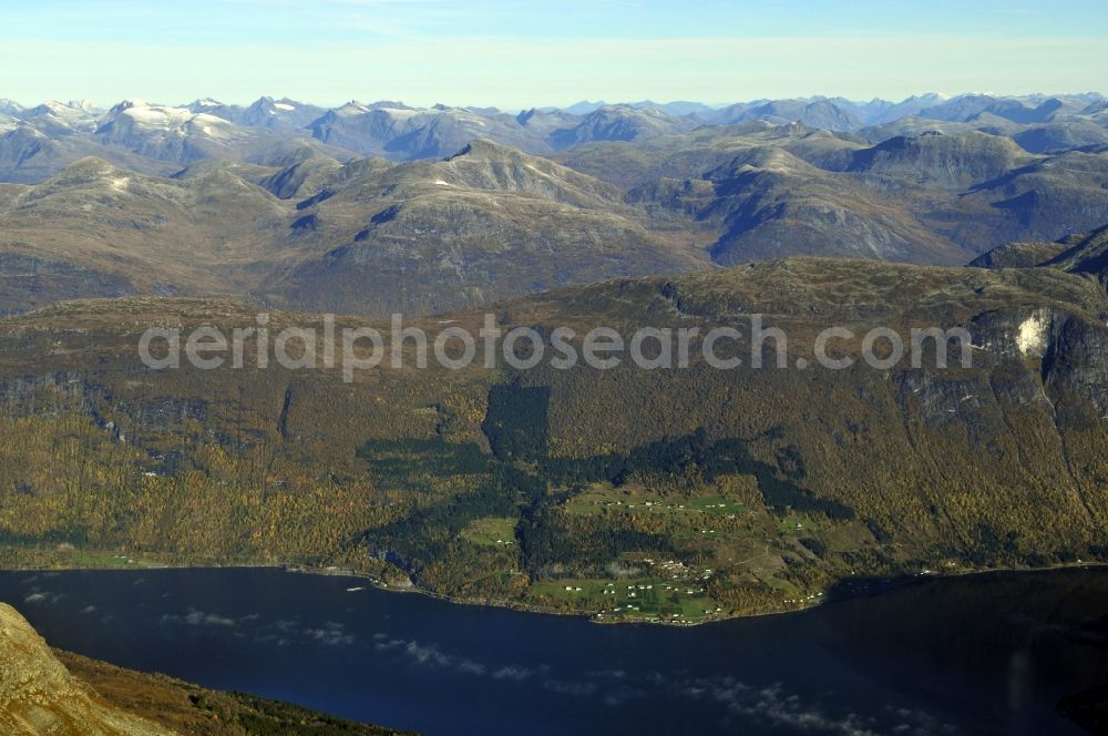 Olden from the bird's eye view: Fjord landscape with mountains, forests and fields, on the banks of the lake Foen near Olden in the province of Sogn og Fjordane in Norway. The landscape is located in the Jostedalsbreen National Park