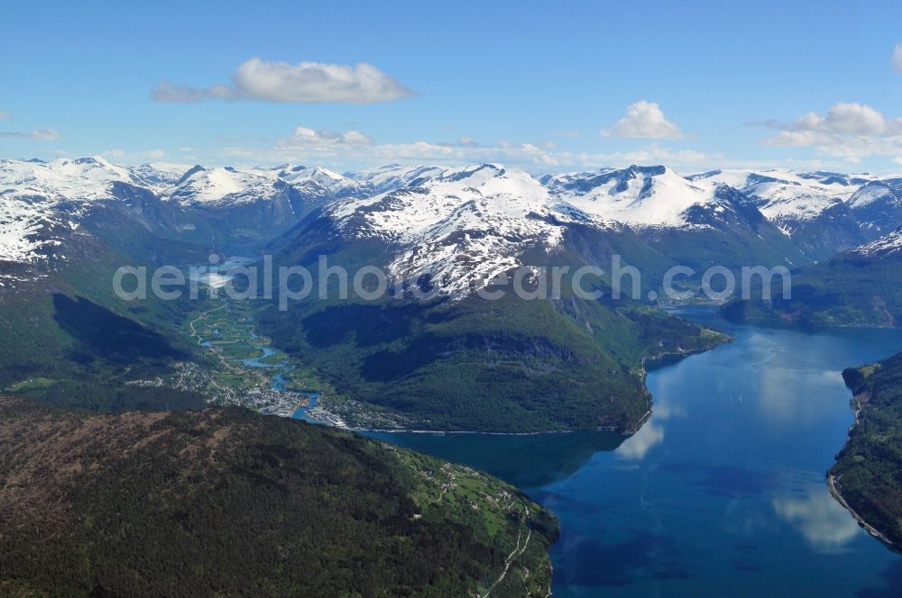 Aerial image Innvik - View of the rugged fjords with snow named Innvikfjorden near Innvik in the province of Sogn og Fjordane in Norway