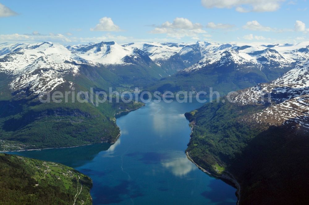 Aerial photograph Innvik - View of the rugged fjords with snow named Innvikfjorden near Innvik in the province of Sogn og Fjordane in Norway